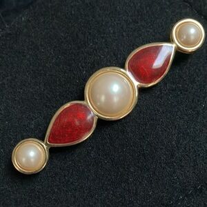 Vintage Monet Red and Pearl GoldTone Brooch Bar  Pin